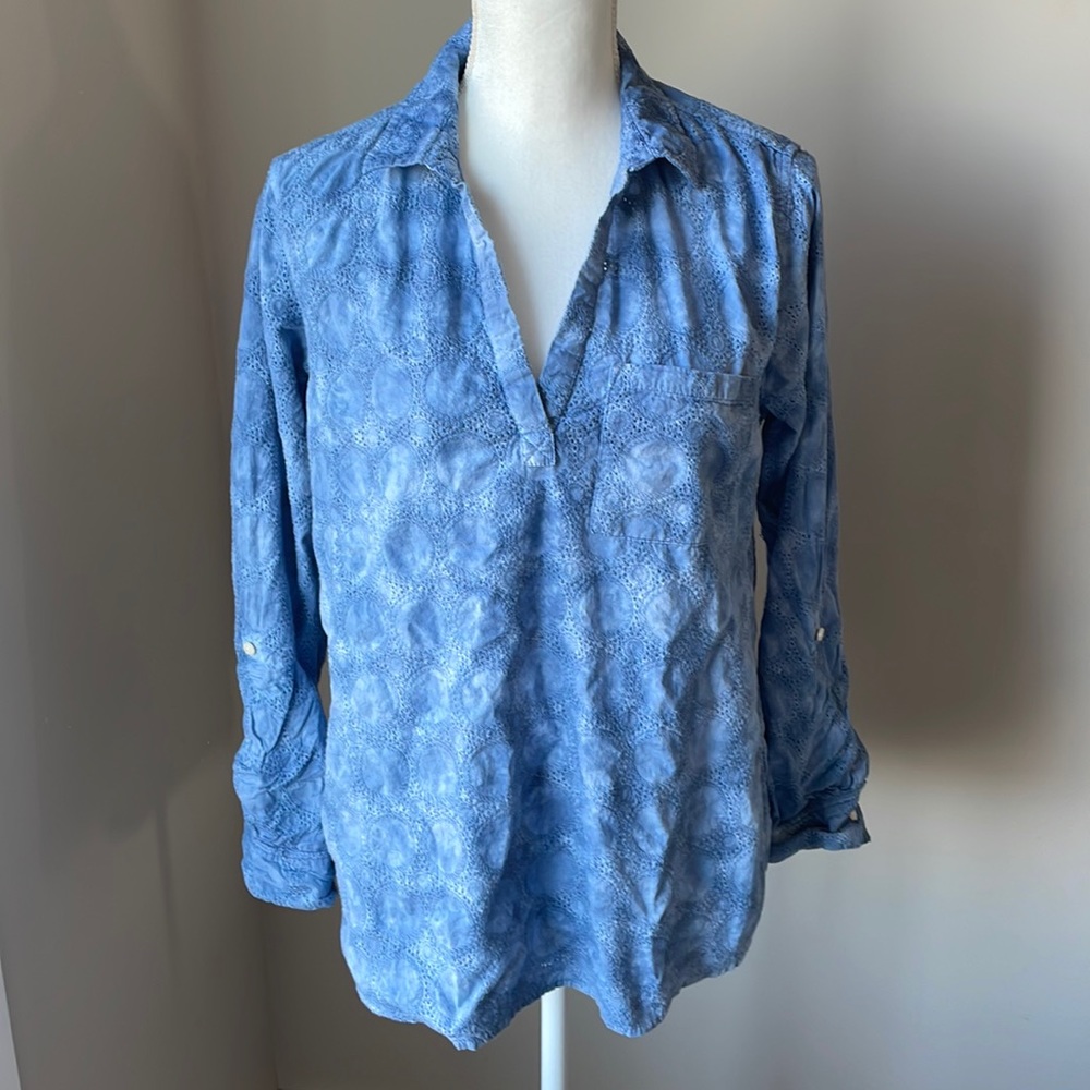Nine West Jeans Blue Embroidered Boho Popover Blouse Top Medium Cotton - Picture 2 of 8